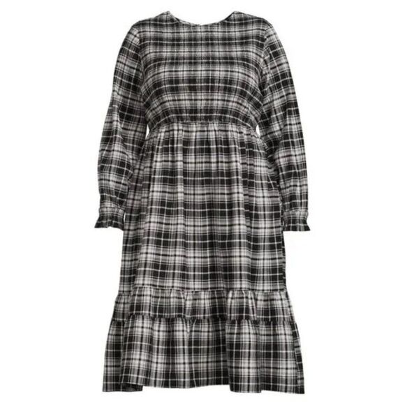 TERRA & SKY Tiered Peasant Midi Dress Womens Plus Size 14W Black White Plaid NWT - Picture 1 of 12